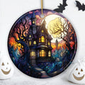 Haunted House Amidst Spooky Woods Stained Glass Style Ceramic Ornament, Halloween Themed Christmas Gift and Decor