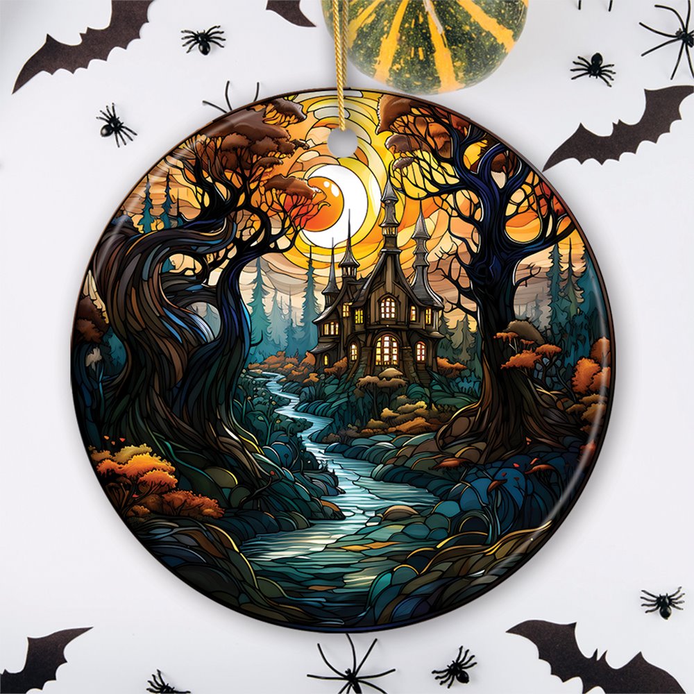 Sinister Manor Haunted House Stained Glass Style Ceramic Ornament, Halloween Themed Christmas Gift and Decor