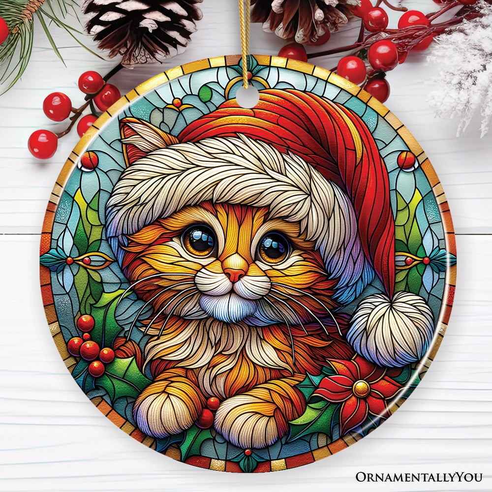 Adorable Cat in Santa Hat Stained Glass Style Ceramic Ornament, Christmas Gift and Decor