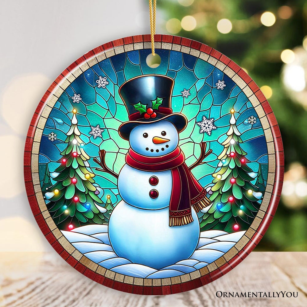 Snowman Window Art Stained Glass Style Ceramic Ornament, Christmas Gift and Decor