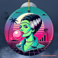 Vaperwave Mrs Frankenstein Retro Neon Horror Ornament, Synthwave 80's Styled Classic Halloween Gift and Decor