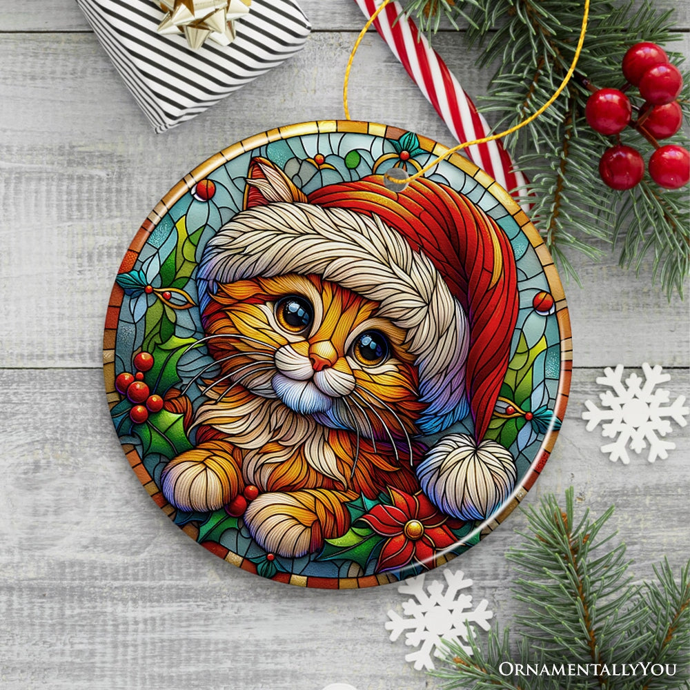 Adorable Cat in Santa Hat Stained Glass Style Ceramic Ornament, Christmas Gift and Decor