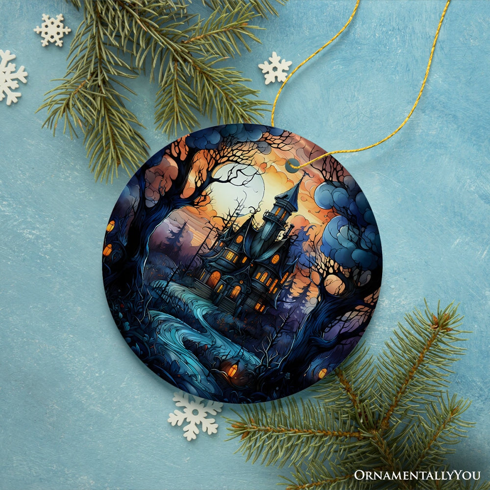 Dark and Gloomy Haunted House Stained Glass Style Ceramic Ornament, Halloween Themed Christmas Gift and Decor