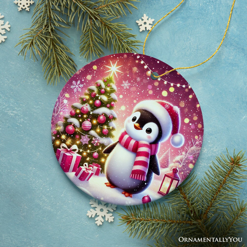 Glistening Winter Penguin Pink Themed Ornament, Adorable Arctic Christmas Gift and Decor