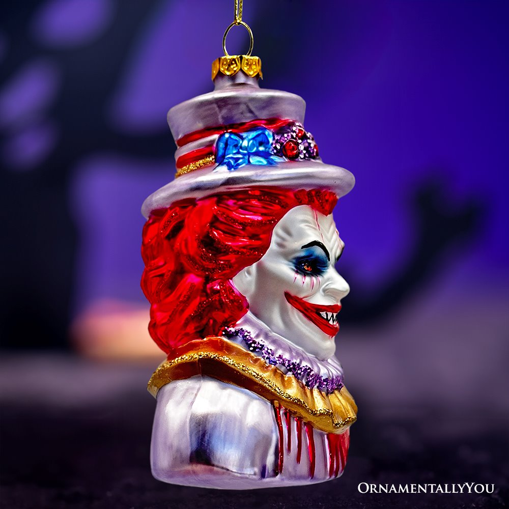 Horror Clown Head Glass Ornament, Gothic Halloween Tree Decor