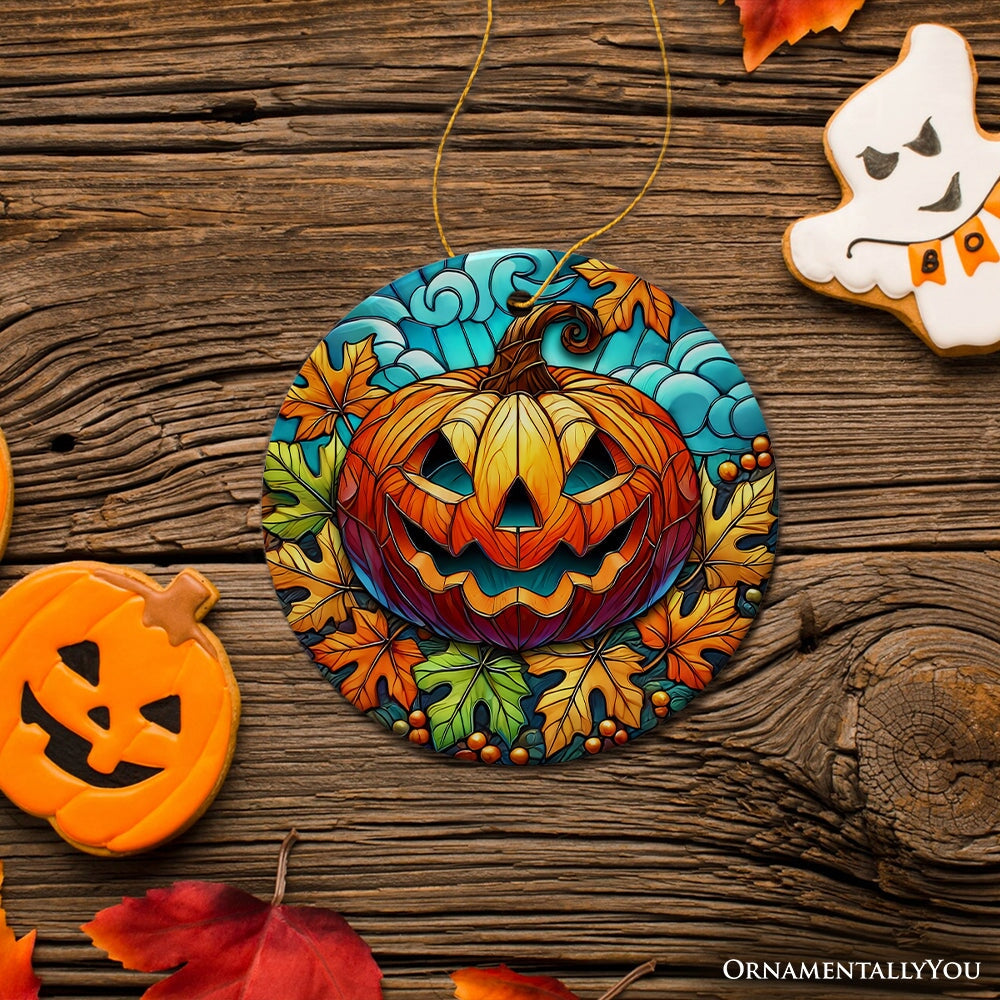 Pumpkin Spice and Crispy Leaves Stained Glass Style Ceramic Ornament, Halloween Themed Christmas Gift and Decor
