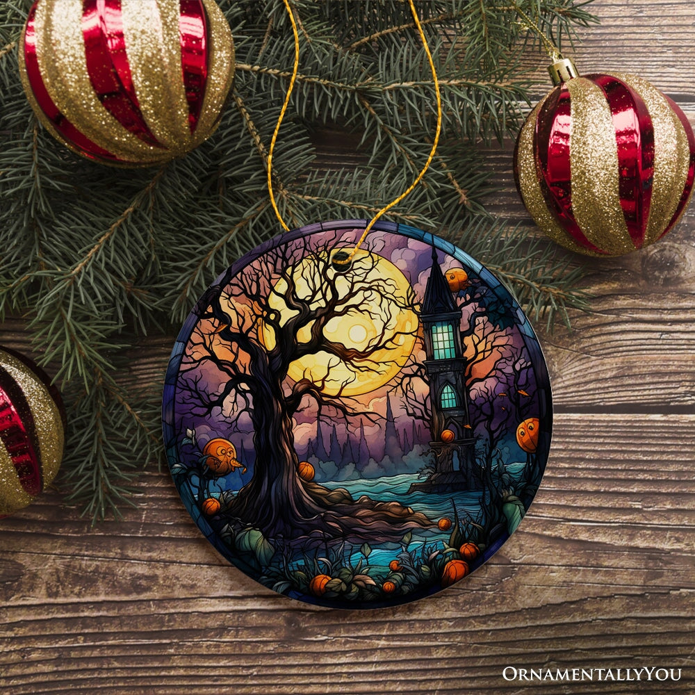 Spooky Tree & Haunted House Stained Glass Style Ceramic Ornament, Halloween Themed Christmas Gift and Decor
