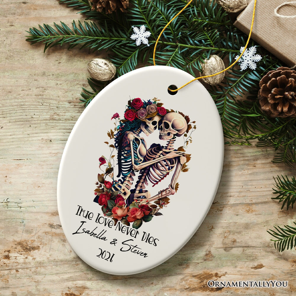 True Love Never Dies Personalized Skeleton Lovers Ornament, Romantic Goth Emo Gift for Girlfriend and Boyfriend