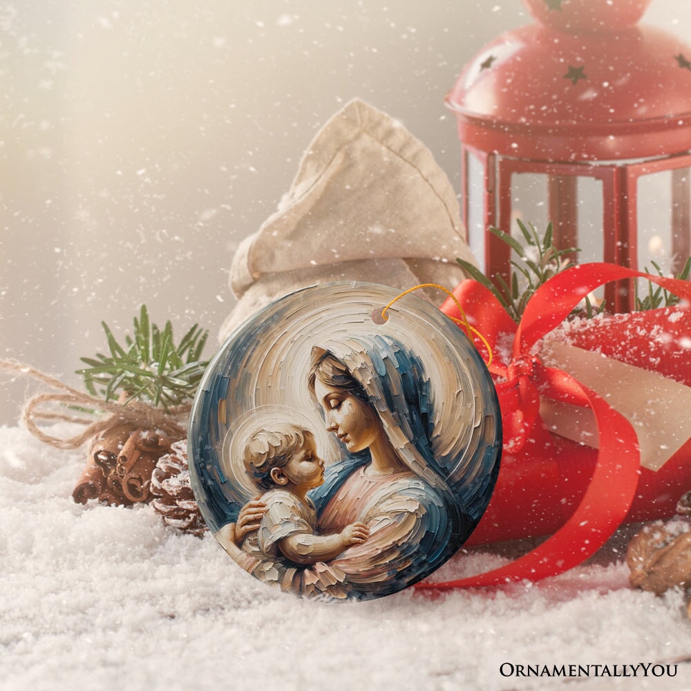 Virgin Mary and Baby Jesus Gentle Embrace Ceramic Ornament, Iconic Oil Painting Gift And Decor