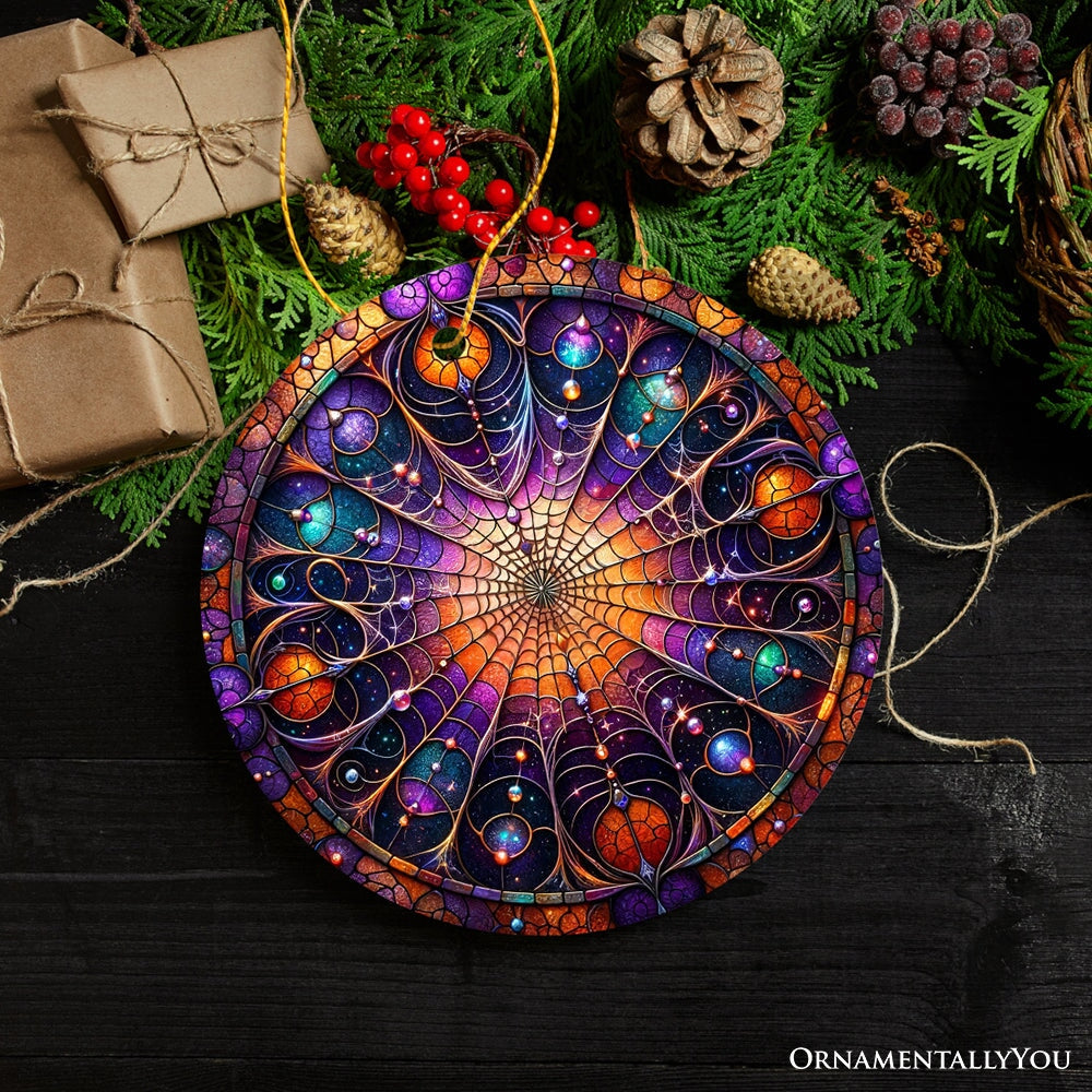 Whispering Shadows Enchanted Cobweb Stained Glass Style Ceramic Ornament, Halloween Themed Christmas Gift and Decor