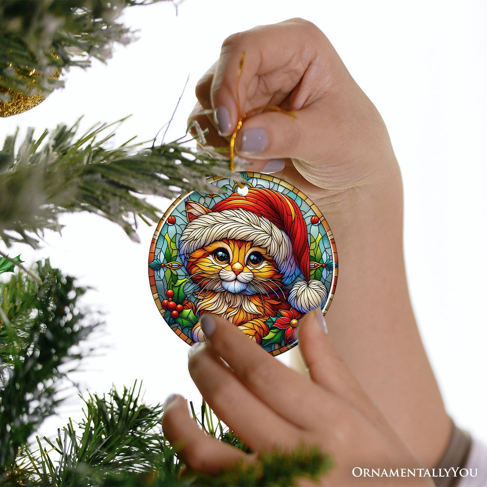 Adorable Cat in Santa Hat Stained Glass Style Ceramic Ornament, Christmas Gift and Decor
