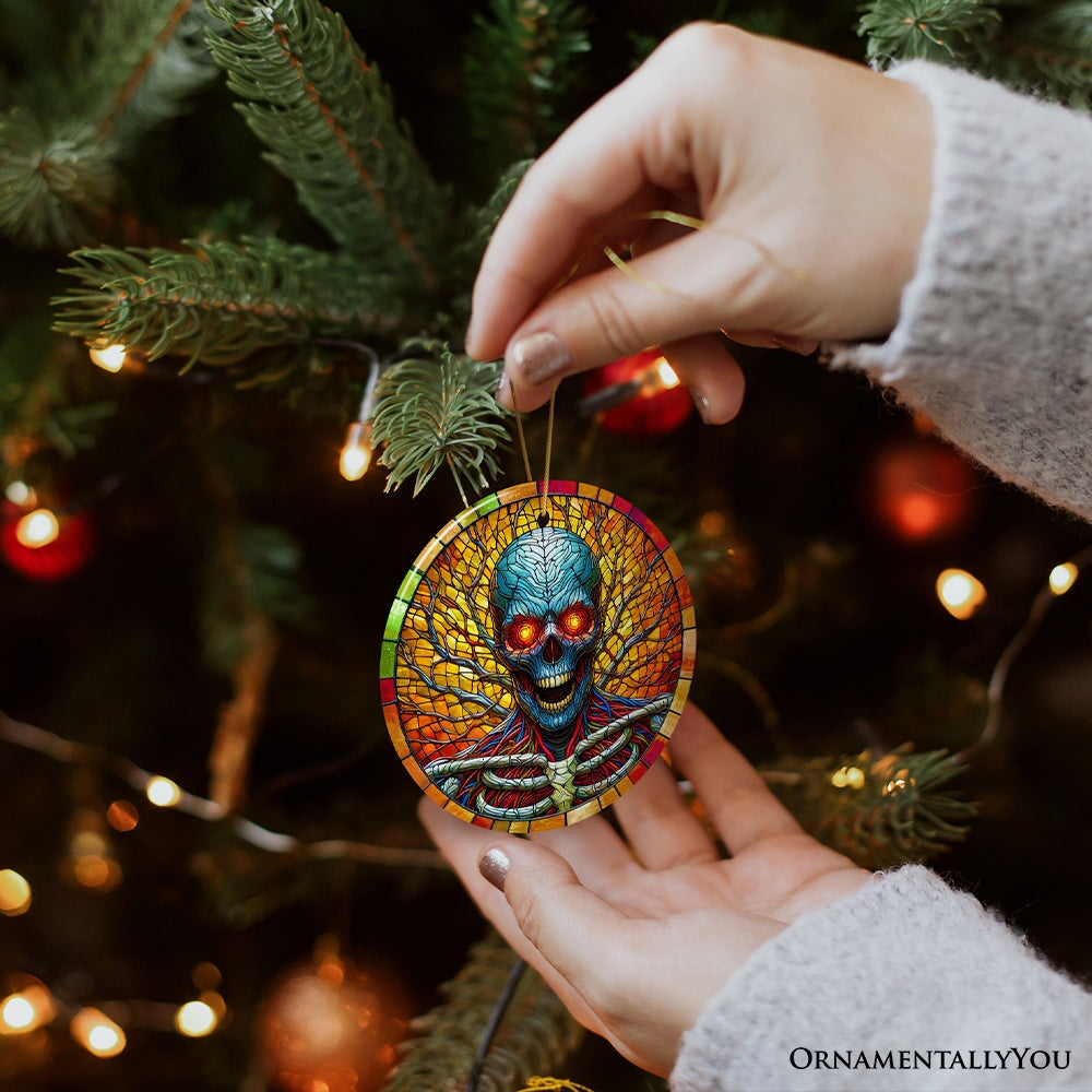 Red-Eyed Skeleton for Halloween Frights Stained Glass Style Ceramic Ornament, Halloween Themed Christmas Gift