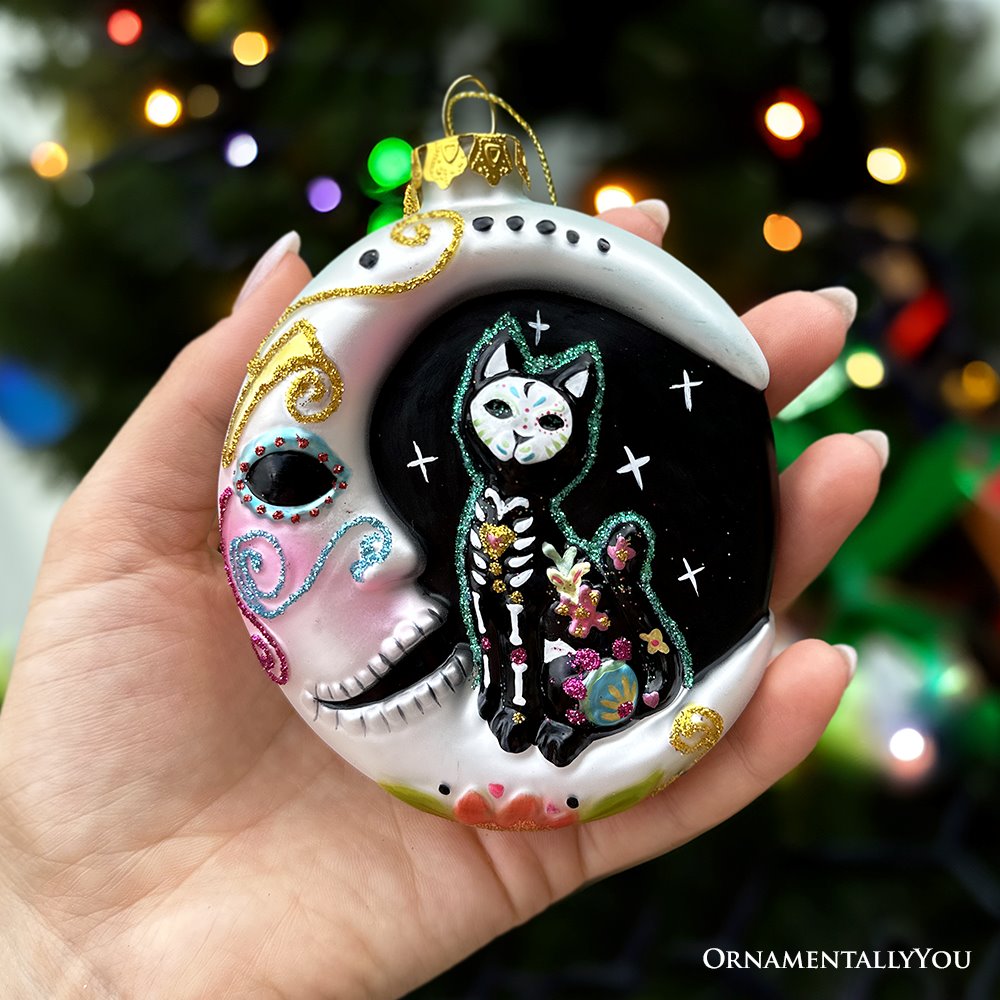 Folkloric Siamese Cat Sugar Skull Glass Ornament, Celestial Crescent Moon Halloween Decor