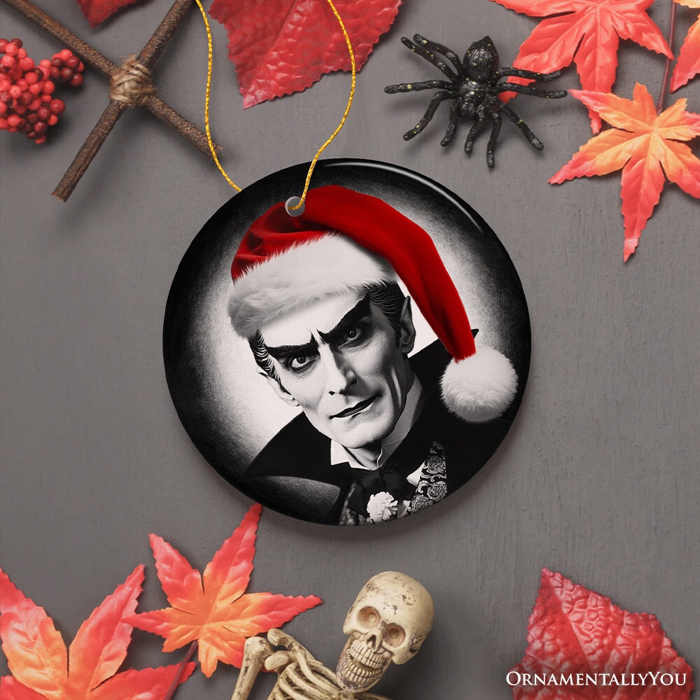 Vintage Dracula with a Santa Hat Ceramic Ornament, Horror Themed Christmas Decor for Halloween Tree