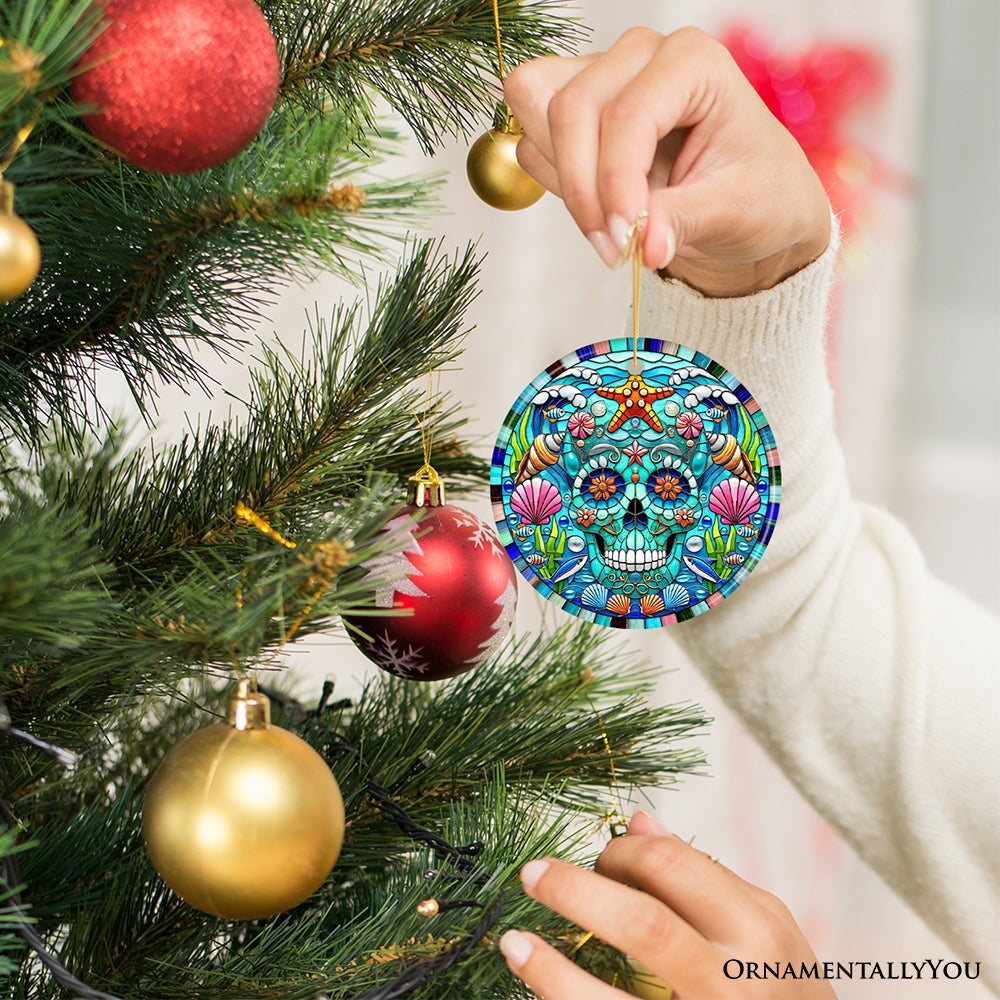 Oceanic Oasis Sugar Skull Stained Glass Style Ornament, Marine Wonder Christmas Gift and Decor