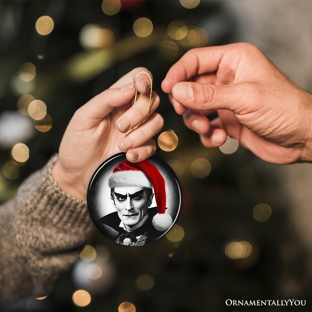 Vintage Dracula with a Santa Hat Ceramic Ornament, Horror Themed Christmas Decor for Halloween Tree