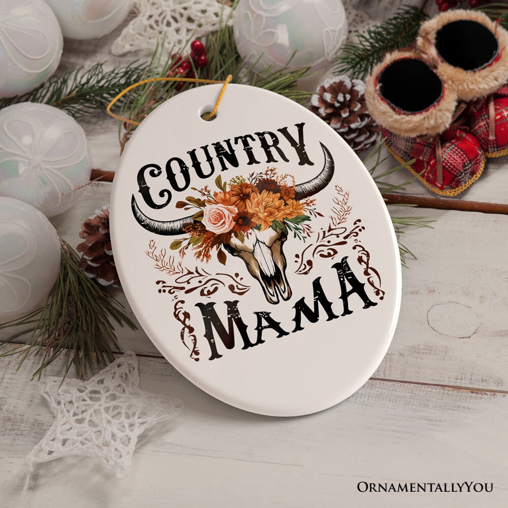 Country Mama Floral Vintage Ornament, Western Buffalo Skull Christmas Gift for Moms