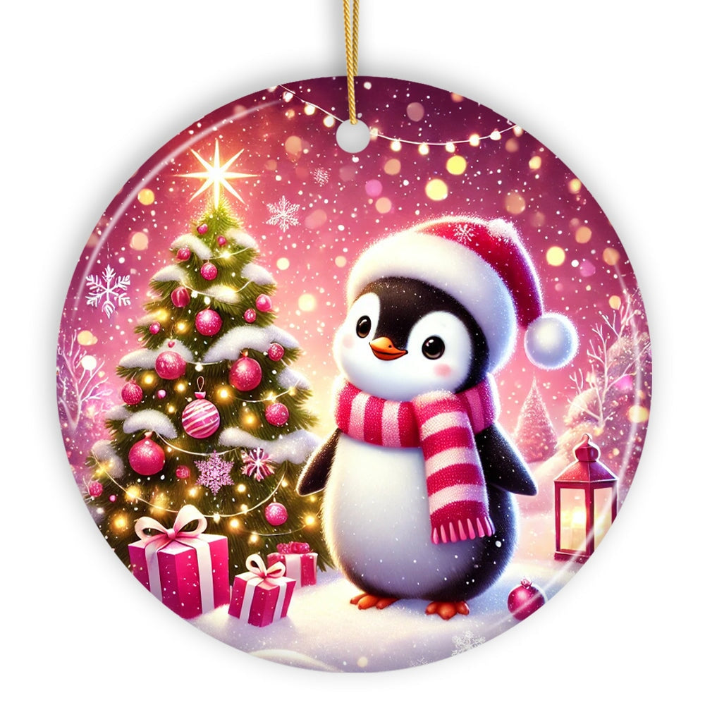 Glistening Winter Penguin Pink Themed Ornament, Adorable Arctic Christmas Gift and Decor