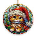 Adorable Cat in Santa Hat Stained Glass Style Ceramic Ornament, Christmas Gift and Decor