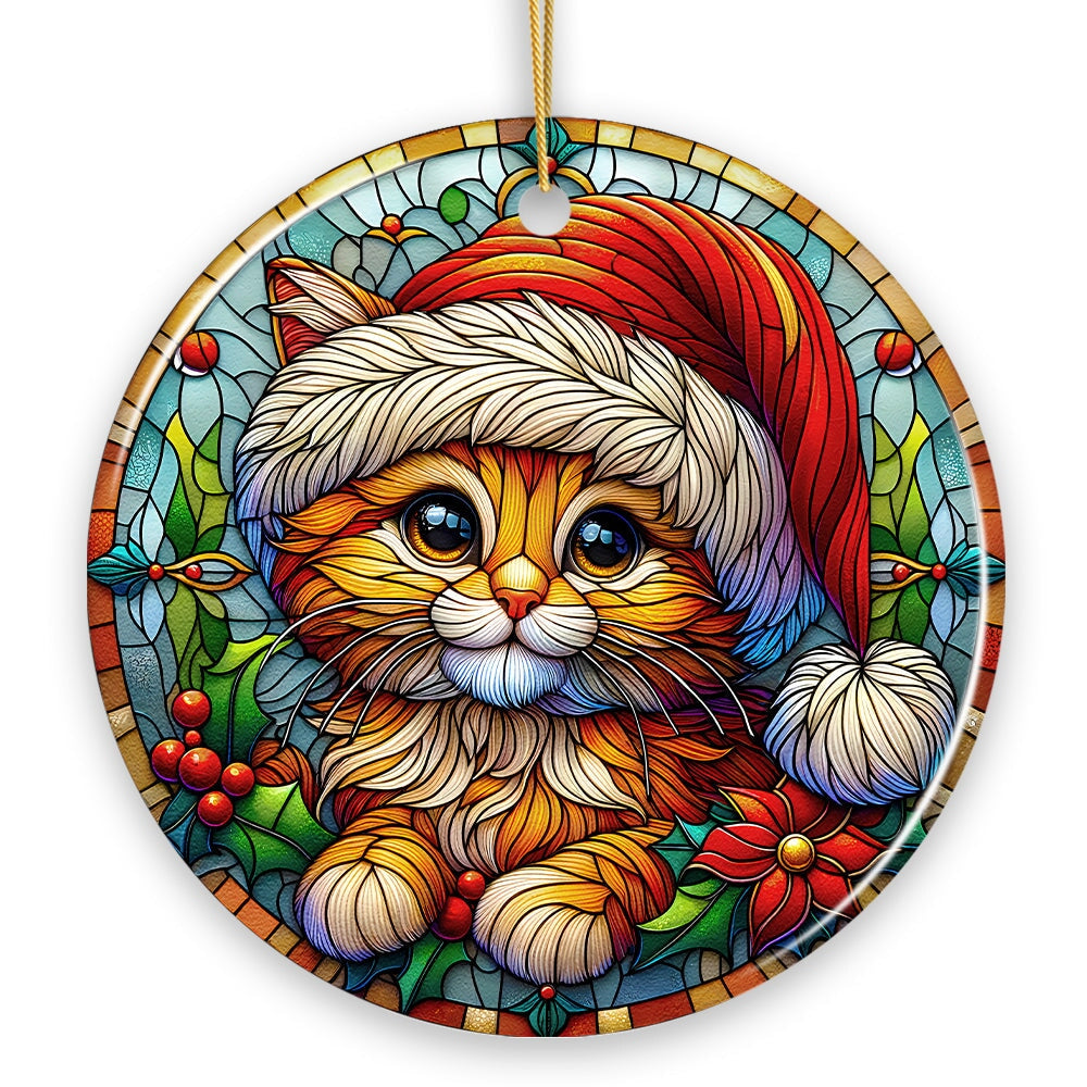 Adorable Cat in Santa Hat Stained Glass Style Ceramic Ornament, Christmas Gift and Decor